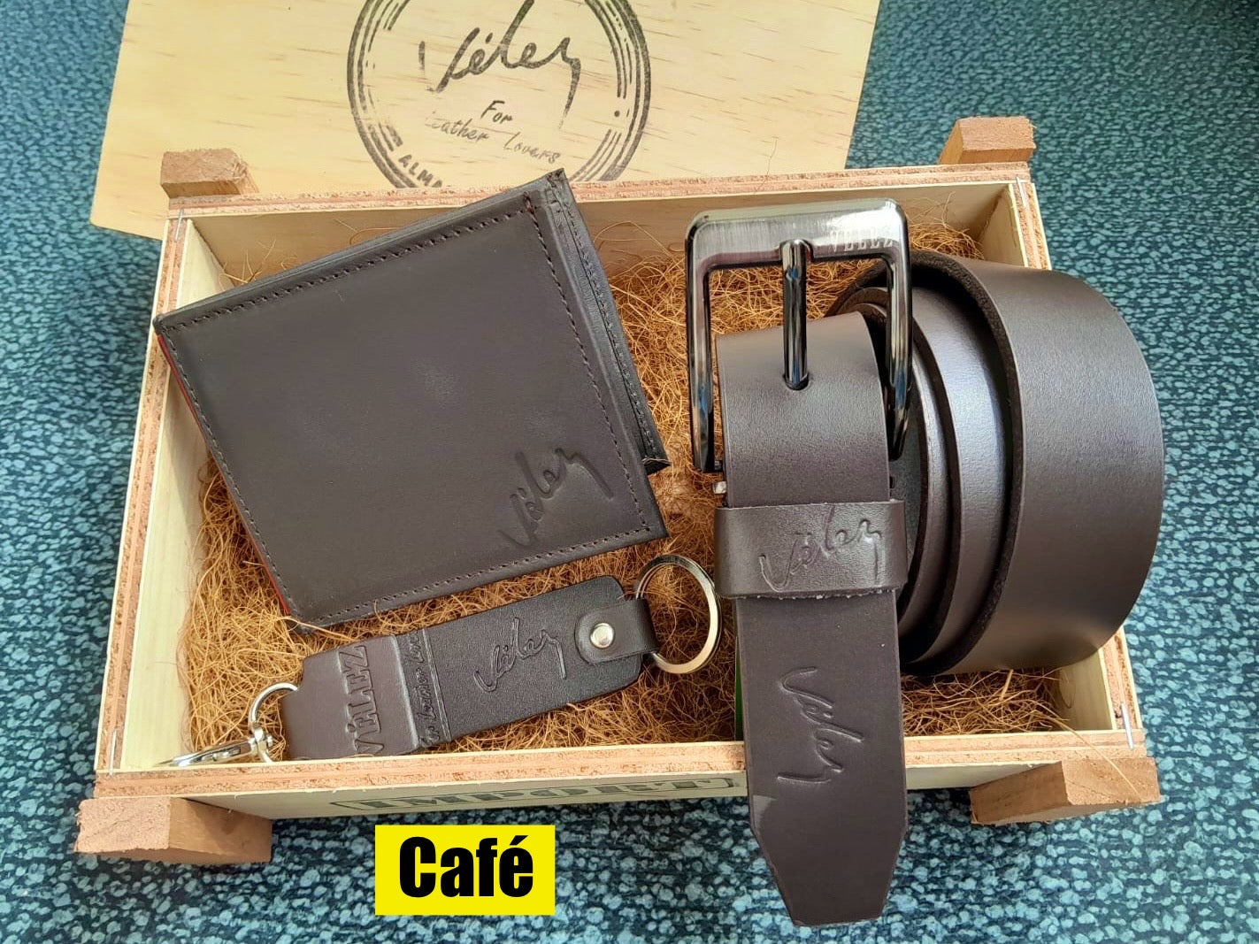 🎁 Combo Vélez – Correa + Billetera + Llavero en Cuero 100% + Caja Madera