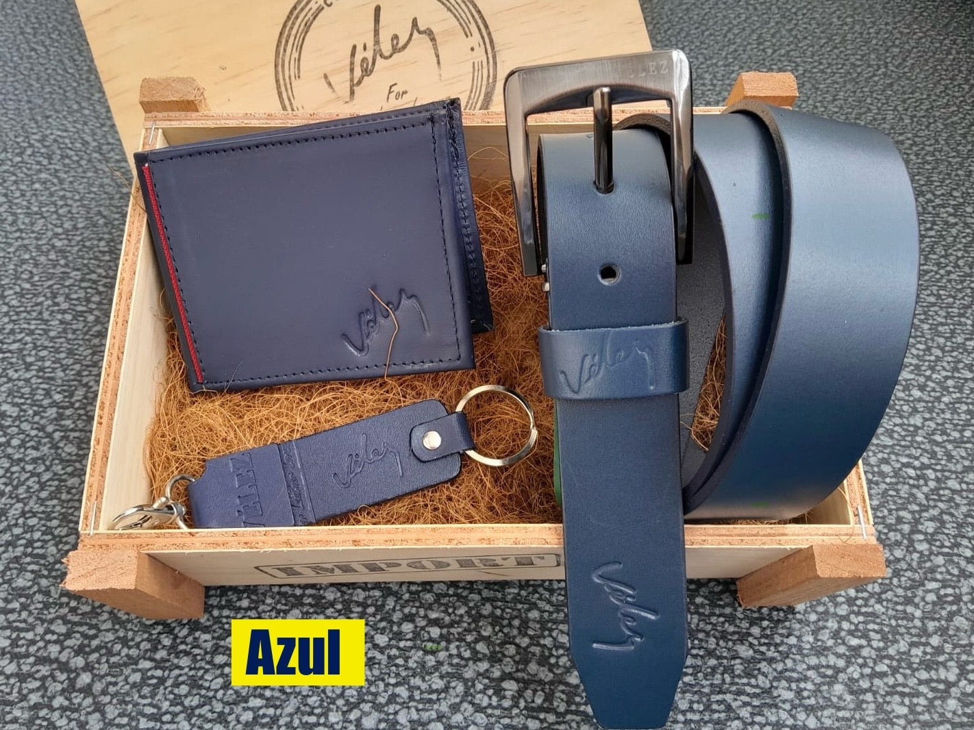 🎁 Combo Vélez – Correa + Billetera + Llavero en Cuero 100% + Caja Madera