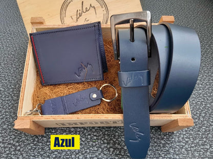 🎁 Combo Vélez – Correa + Billetera + Llavero en Cuero 100% + Caja Madera