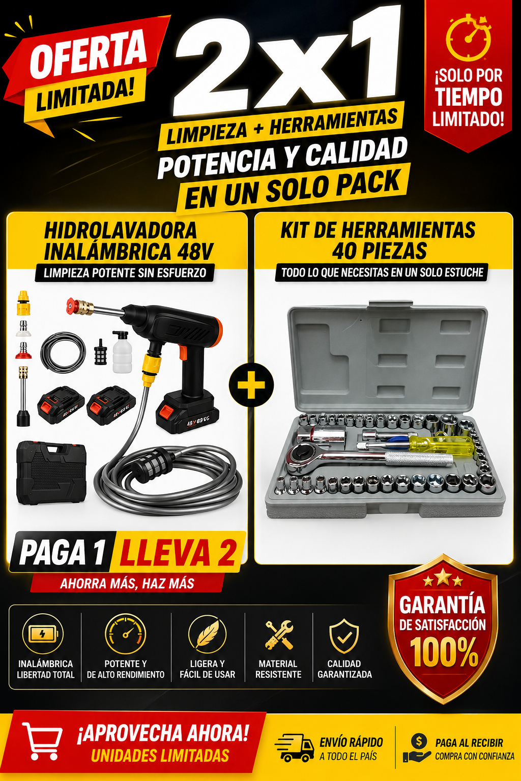 Hidrolavadora 2 Baterias y Juego 40 Copas Rathet Kit Herramientas