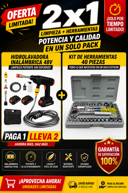 Hidrolavadora 2 Baterias y Juego 40 Copas Rathet Kit Herramientas