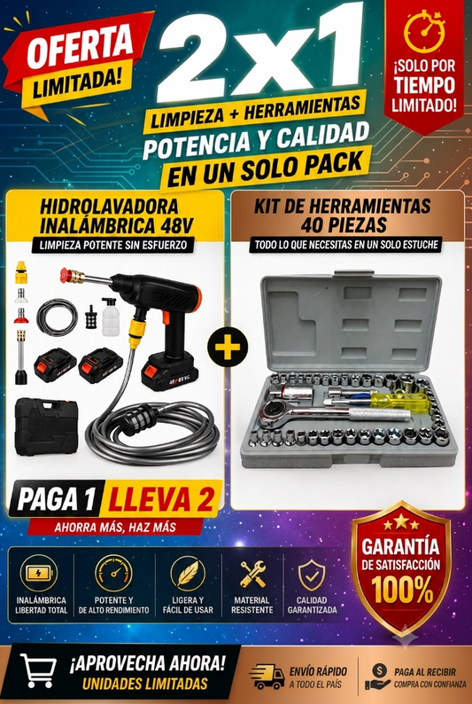 Hidrolavadora 2 Baterias y Juego 40 Copas Rathet Kit Herramientas